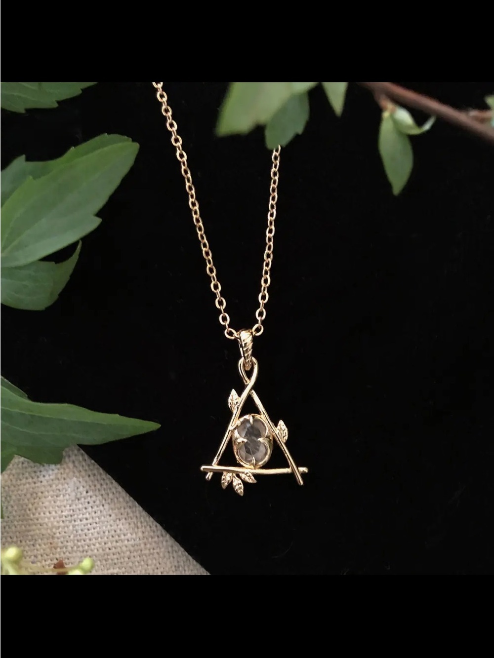 Delicate Gold Fae Triangle Leaf Pendant Necklace - 18k pltd Gold & quartz